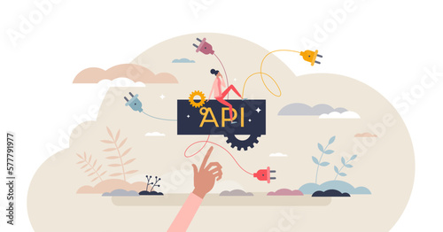 API as application programming interface for software mutual connection tiny person concept, transparent background.Program language system and coding compound illustration.