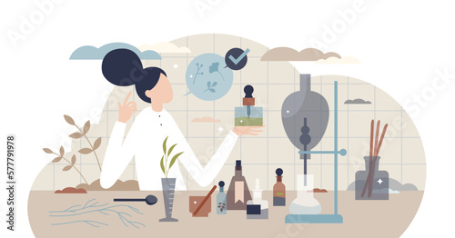 Apothecary drugs with chemical and herbal ingredients tiny person concept, transparent background.Medical prescription preparation using modern antibiotic herbs illustration.