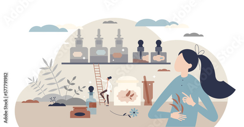 Apothecary and pharmacy with medical herb essential oils tiny person concept, transparent background. Prescription and drugs preparation, herbal mixing and sale.
