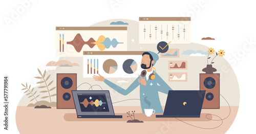 Audio recording software as sound control application tiny person concept, transparent background. Music record app with mixing or equalizer function illustration. Professional musician workplace.