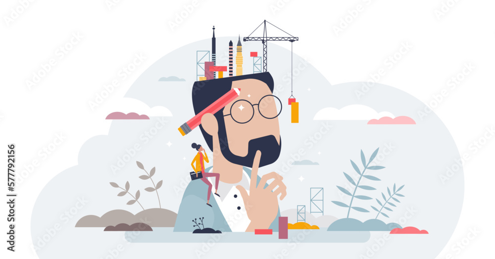 Engineering vision and technological mindset skills tiny person concept, transparent background. Mind ability to find mechanical solutions, project planning and technical thinking illustration. - obrazy, fototapety, plakaty 
