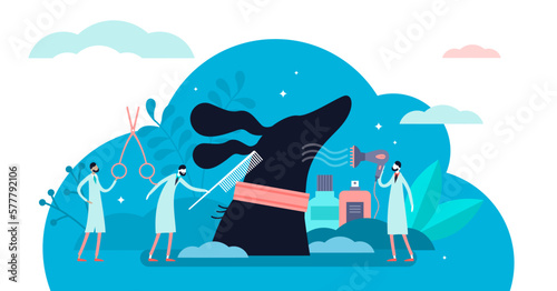 Dog grooming illustration, transparent background. Flat tiny pet beauty care persons concept. Veterinary or fur salon for domestic puppies hygiene. Professional shop or clinic scene with shampoo.