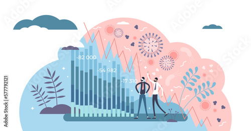 Economic downturn illustration, transparent background. Covid-19 flat tiny persons concept. Coronavirus pandemic caused financial crisis and stock money collapse.