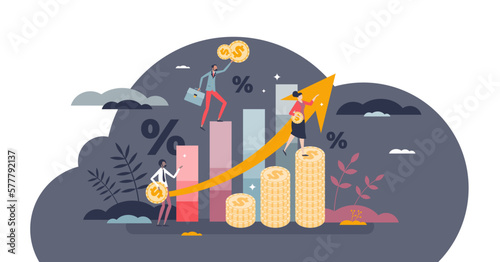 Economy forecast as future financial situation prediction tiny person concept, transparent background. Stock market growth with wealth upward trend and increase budget illustration.