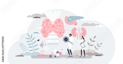 Endocrinologist as hormonal glands doctor and medical profession tiny person concept, transparent background. Healthcare diagnosis, checkup or treatment for trachea, throat or neck illustration.