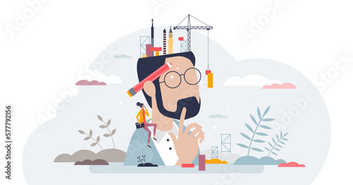 Engineering vision and technological mindset skills tiny person concept, transparent background. Mind ability to find mechanical solutions, project planning and technical thinking illustration.