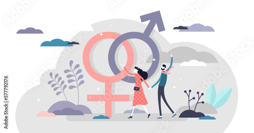 Gender illustration, transparent background. Classical orientation flat tiny persons concept. Heterosexual couple holding hands near man and woman arrow symbols.