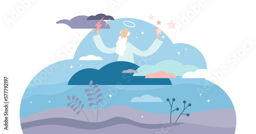 God will cartoon, flat tiny person illustration concept, transparent background. Old man with beard ruling world and people lives from the clouds in the sky. Stylized abstract religion scene.