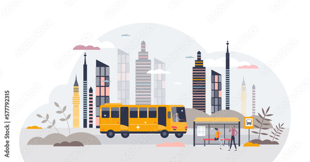 Public transportation with vehicles and city stations tiny person concept, transparent background. Street view with modern shuttle bus and mobility options in urban environment illustration.