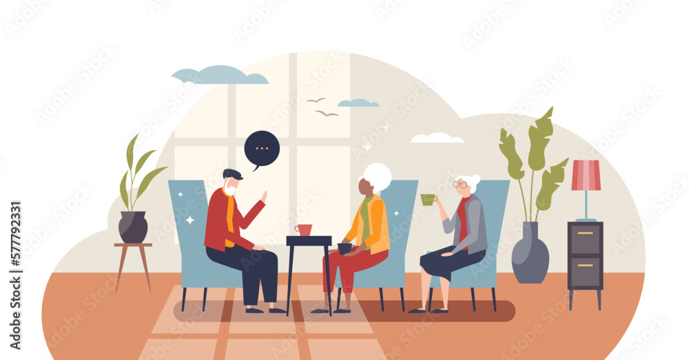 Retirement home or elderly seniors health and mental care tiny person concept, transparent background. Recreation living and spending time together with other people illustration.
