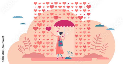 Raining hearts and love emotion scene in flat tiny person concept illustration, transparent background. Romantic passion or butterfly in stomach feeling abstract visualization.