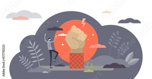 Rebel illustration, transparent background. Revolution protest flat tiny persons concept. Riot and strength gesture as force and aggressive symbol.