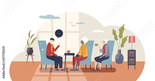 Retirement home or elderly seniors health and mental care tiny person concept, transparent background. Recreation living and spending time together with other people illustration.