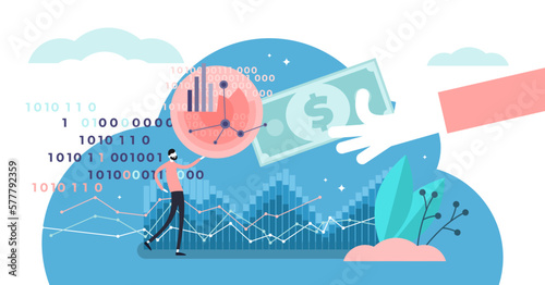 Selling data illustration, transparent background. Flat tiny information purchase persons concept. Business commerce with coding systems and consumer identity buying. © VectorMine