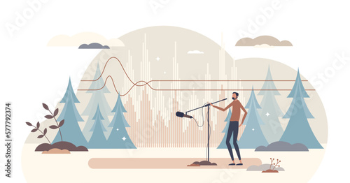 Soundscape recording with nature environment music tiny person concept, transparent background. Outdoors forest noise record with microphone illustration.