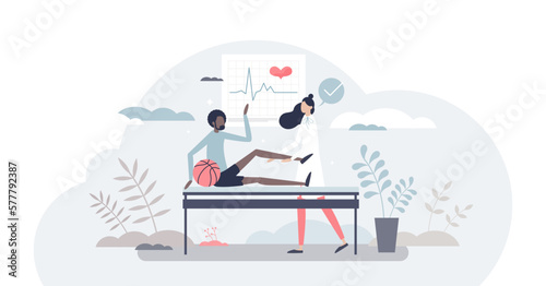 Sport medicine ar athlete injury treatment or health care tiny person concept, transparent background. Medical help with cardiology, knee or ankle problems illustration.