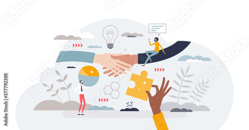 Stakeholder management and business partners agreement, deal or collaboration tiny person concept, transparent background. Investors and company owner relationship control illustration.