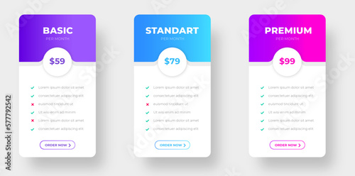 pricing plans table and pricing chart Price list  for web or app. Ui UX pricing design tables with tariffs, subscription features checklist and business plans. Product Comparison business web plans. photo
