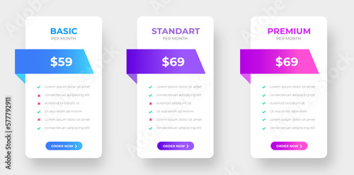 pricing plans table and pricing chart Price list  for web or app. Ui UX pricing design tables with tariffs, subscription features checklist and business plans. Product Comparison business web plans. photo