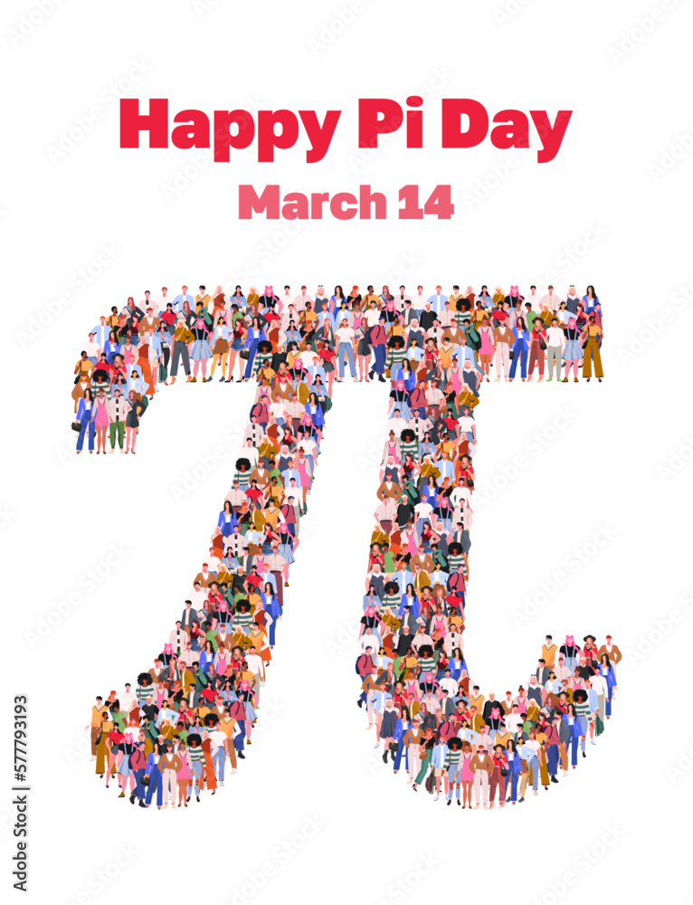Happy Pi Day. Large group of people in number Pi form. Numbers made of people. A crowd of male and female characters. Flat vector illustration isolated on white background. Happy Pi Day. Large group of people in number Pi form. Numbers made of people. A crowd of male and female characters. Flat vector illustration isolated on white background.