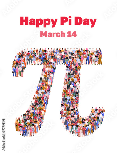 Happy Pi Day. Large group of people in number Pi form. Numbers made of people. A crowd of male and female characters. Flat vector illustration isolated on white background.