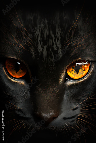 A cats eyes in the dark. Black cat. Generative AI