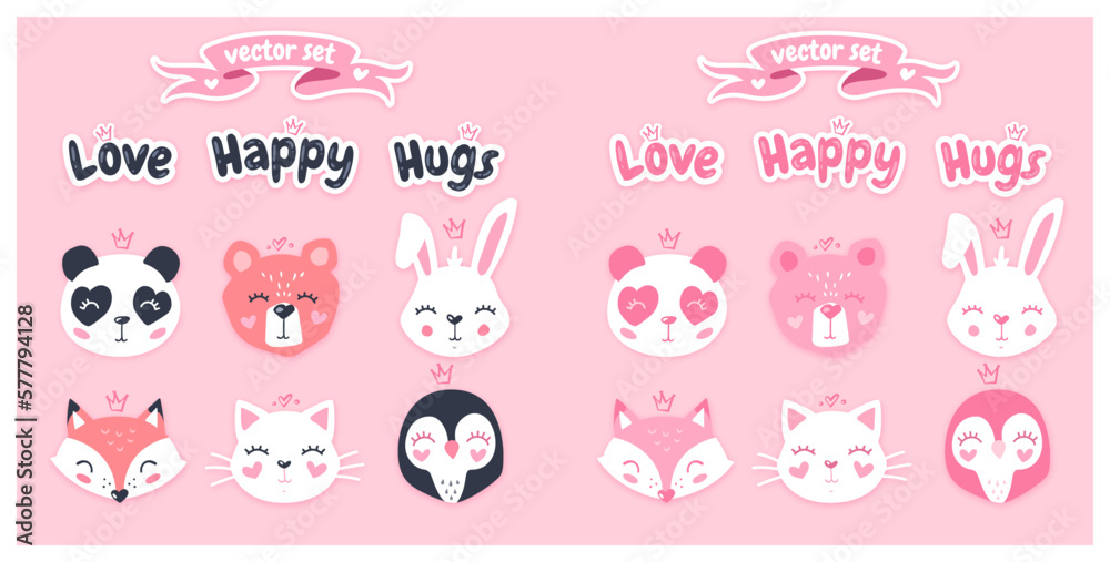 Pink vector set with animals cartoon panda fox penguin bear cat bunny Pink vector set with animals cartoon panda fox penguin bear cat bunny