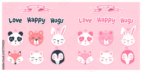 Pink vector set with animals cartoon panda fox penguin bear  cat bunny  (ID: 577794128)