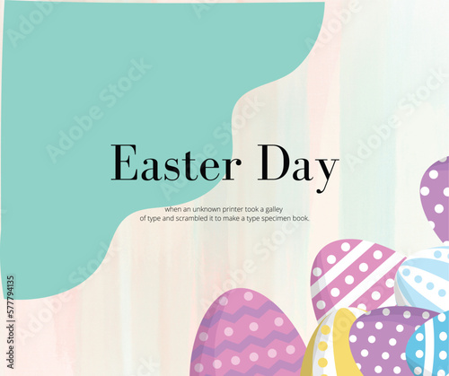 Happy easter day celebration card with colorful egg and bunnies. Vector illustration banner or poster