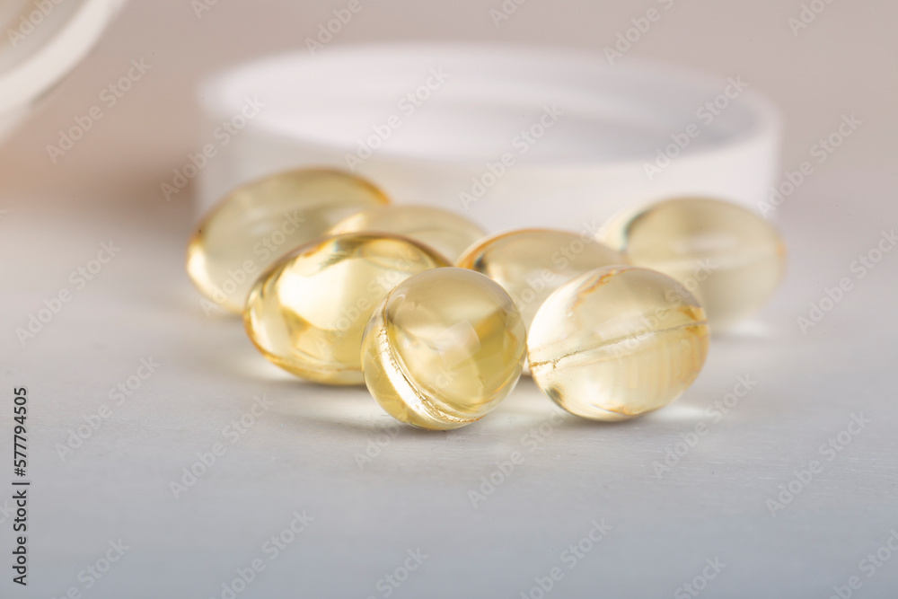 Vitamin D in capsules on a white background.Biologically active additive. additional vitamins for humans.