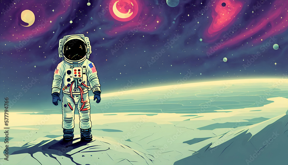 Obraz premium astronaut in spacesuit on alien planet in space night background new quality universal joyful colorful stock image universe illustration wallpaper design, Generative AI