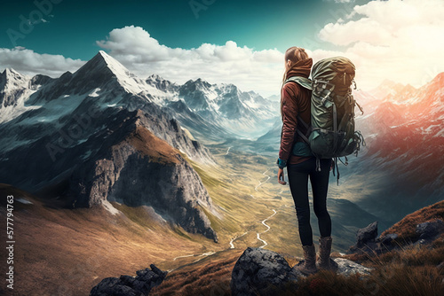 Travel girl with backpack is standing top of a mountain and looking far on summer day