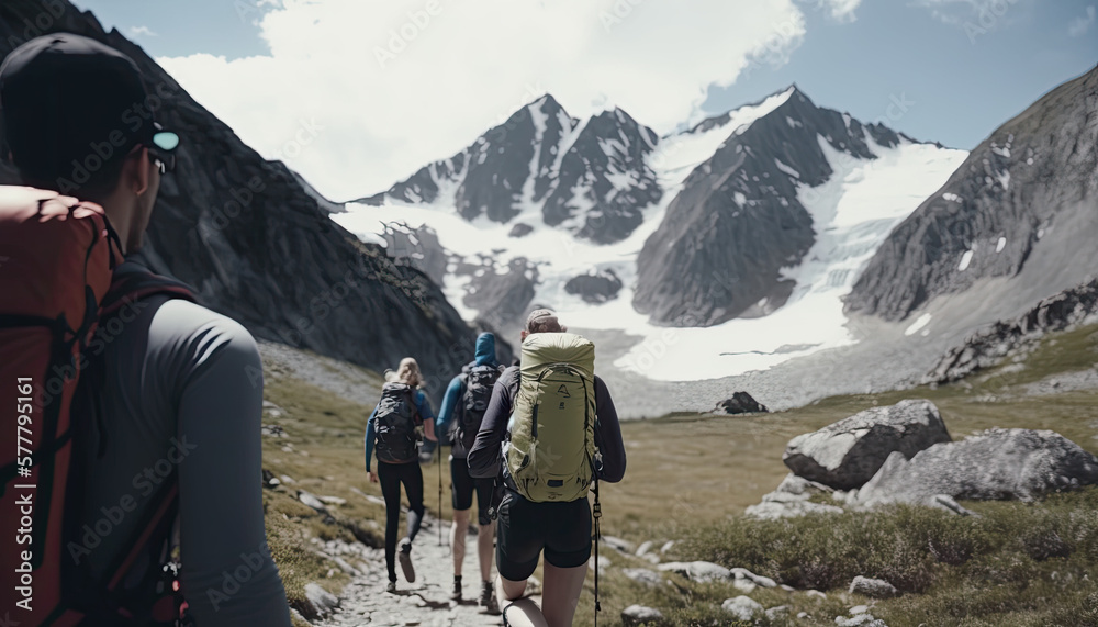 Hiking Adventure, Group of Hikers Enjoying the Mountain Scenery - ai generative