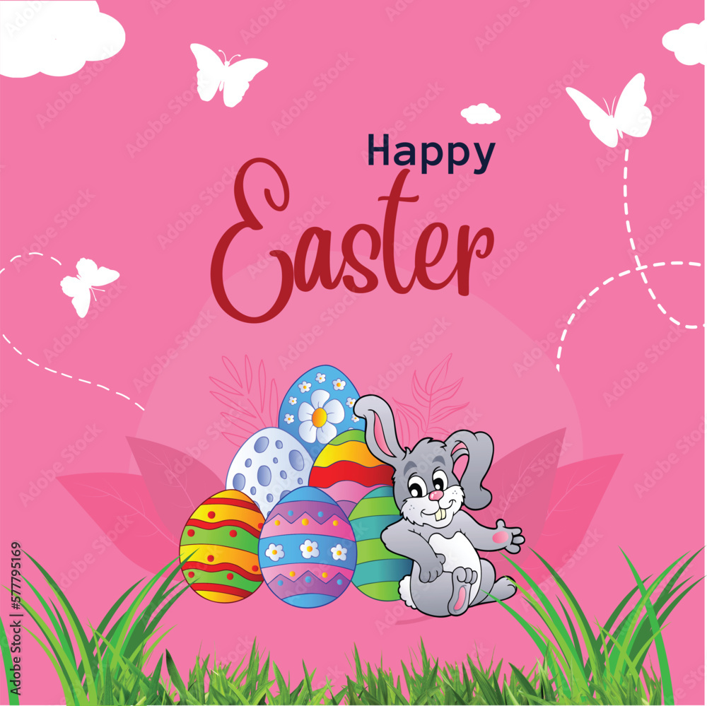 Happy easter day celebration card with colorful egg and bunnies. Vector illustration banner or poster Happy easter day celebration card with colorful egg and bunnies. Vector illustration banner or poster