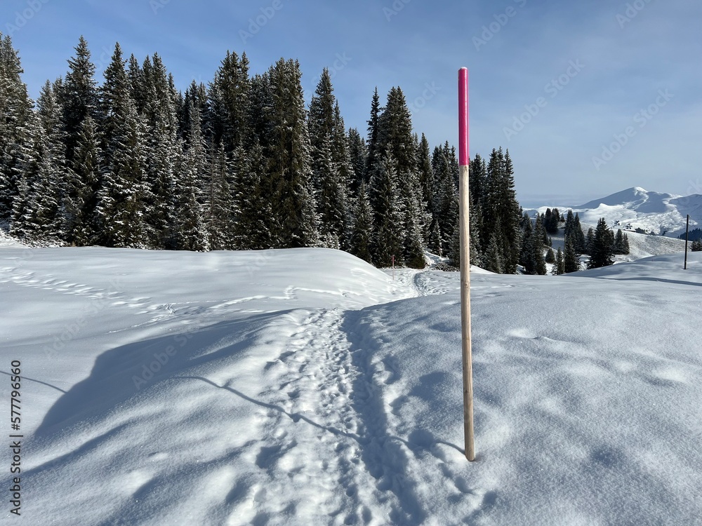 Wonderful winter hiking trails and traces in the fresh alpine snow cover of the Swiss Alps and over the tourist resort of Arosa - Canton of Grisons, Switzerland (Schweiz) Wonderful winter hiking trails and traces in the fresh alpine snow cover of the Swiss Alps and over the tourist resort of Arosa - Canton of Grisons, Switzerland (Schweiz)