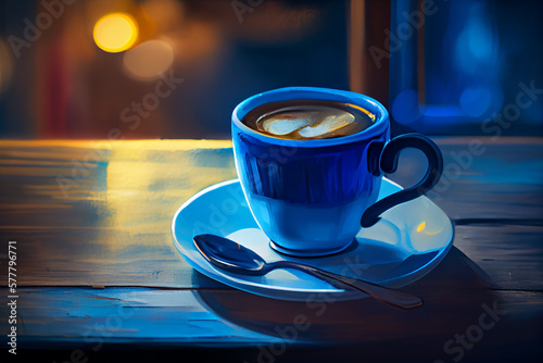 Blue cup of coffee on wooden table in cafe with lighting background. Generative Ai.