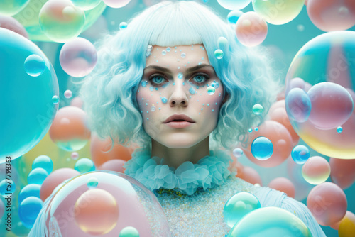 Portrait of a beautiful young woman in vivid colours with bubbles AI generated art