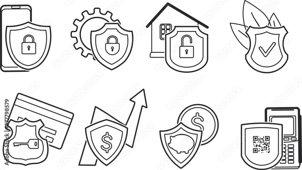 Fototapeta premium Vector illustration of a set of shields. Outline simple drawing, finance protection, home security, secure payment