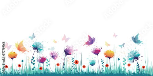 farfalle, impollinazione, fiori, piante, primavera, campo fiorito, acquarello