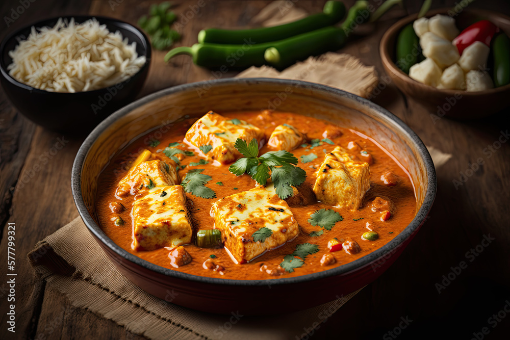 Spicy paneer tikka masala in a clay bowl, Generative AI