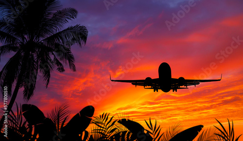 Passenger Airplane On Approach for Landing with Beautiful Sunset and Tropical Trees and Plants.