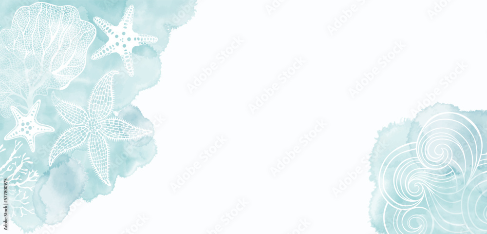 Art sea vector background. Luxury design with starfish, underwater plants, wave and watercolor splash. Template design for text, packaging and prints. Art sea vector background. Luxury design with starfish, underwater plants, wave and watercolor splash. Template design for text, packaging and prints.