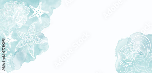 Art sea vector background. Luxury design with starfish, underwater plants, wave and  watercolor splash. Template design for text, packaging and prints.