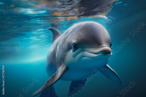 Closeup of a dolphin swimming in the clear blue ocean. Generative AI © AIproduction