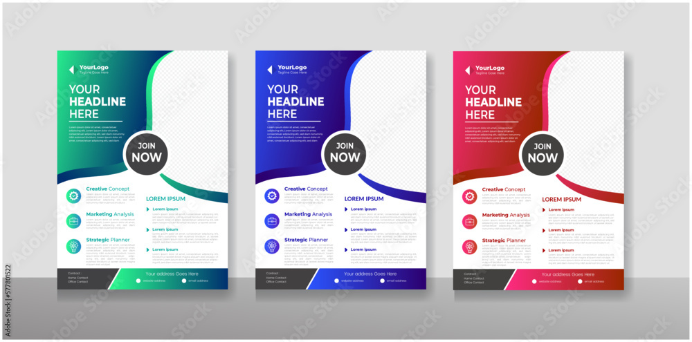 Corporate business flyer template design set with blue, red and Green color. marketing, business proposal, promotion, advertise, publication, cover page. new digital marketing flyer set.