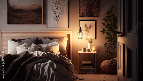 Cozy beige bedroom, hygge, nordic, wall gallery, nutral tones photo