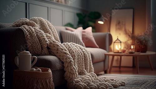Cozy living room interior with sofa, knitted blanket, modern bohemian 