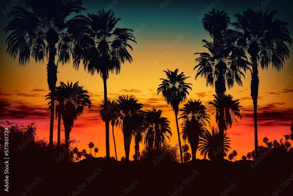 Low angle view of silhouette palm trees against sky during sunset. Generative AI