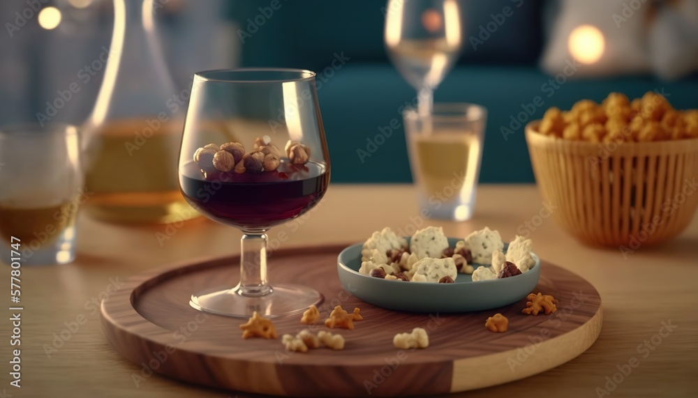  a wooden tray topped with a bowl of popcorn next to a glass of wine and a bowl of popcorn next to a glass of wine.  generative ai
