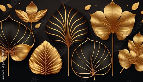  a set of golden leaves on a black background with a gold foil effect on the edges of each leaf is a gold - plated design. generative ai